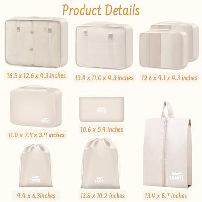 9 Set Packing Cubes for Travel Essentials - Lightweight Carry-On Luggage Organizer Bags with Shoe, Clothes & Laundry Bags for Airplane, Family & Business Travel, Beige - color: Beige