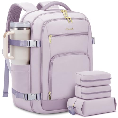 LOVEVOOK Travel Backpack For Women Flight Approved, 50L Large Carry On Backpack For Airplanes, Personal Item Travel Bag, Waterproof 18 Inch Laptop Backpack For Business Weekender Overnight, 4Pcs Set - color: Light Purple, size: 50l-18 Inch-4pcs