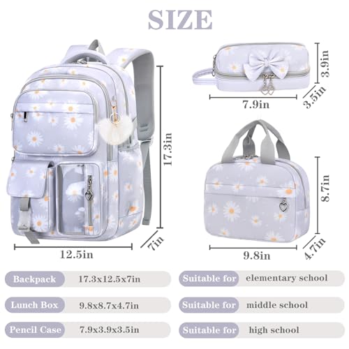 Girls Backpack Set with Lunch Box & Pencil Case, Floral Print Girls School Backpack for Elementary/Middle/High School (Grey-Daisy) - color: Grey-daisy