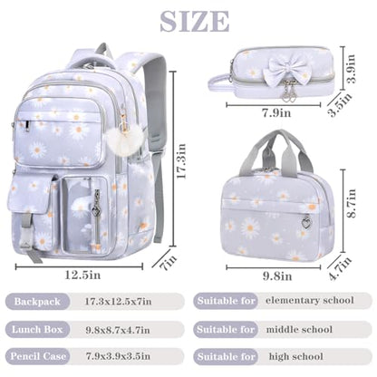 Girls Backpack Set with Lunch Box & Pencil Case, Floral Print Girls School Backpack for Elementary/Middle/High School (Grey-Daisy) - color: Grey-daisy