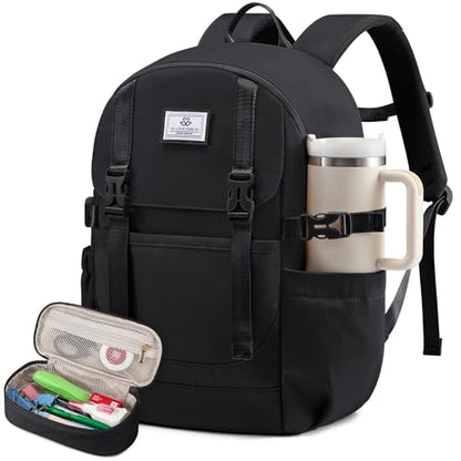 LOVEVOOK School Backpack for Teen Girls, Waterproof Travel College Bookbag for Middle High School with Large Cup Holder & Pencil Case, Fits 15.6'' Laptop, Cute Aesthetic Kids Student Backpack - color: Black