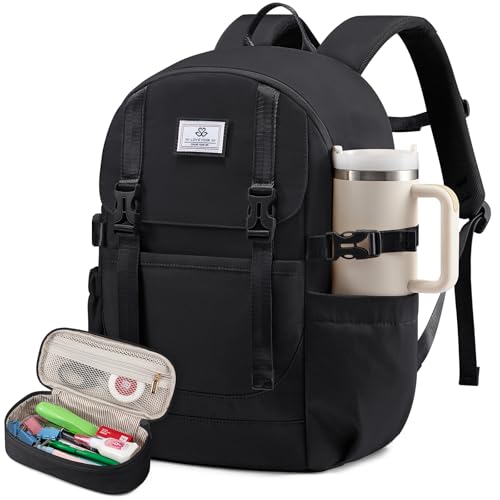 LOVEVOOK School Backpack for Teen Girls, Waterproof Travel College Bookbag for Middle High School with Large Cup Holder & Pencil Case, Fits 15.6'' Laptop, Cute Aesthetic Kids Student Backpack - color: Black