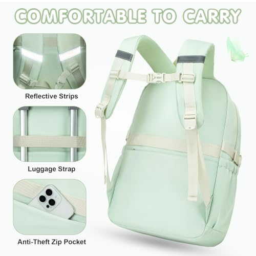 GeeWin Girls Backpack for School with Lunch Box & Pencil Case Set, 17 Inch Waterproof Cute Bow Girls Bookbag for Kids, Teens, Elementary Middle High College School Student (Green/Beige) - color: Green Beige