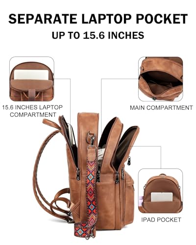 FADEON 15.6 inch Laptop Backpack Purse for Women Designer PU Leather Computer Backpacks Fashion for Work Travel Brown - color: 1 Brown Retro Style