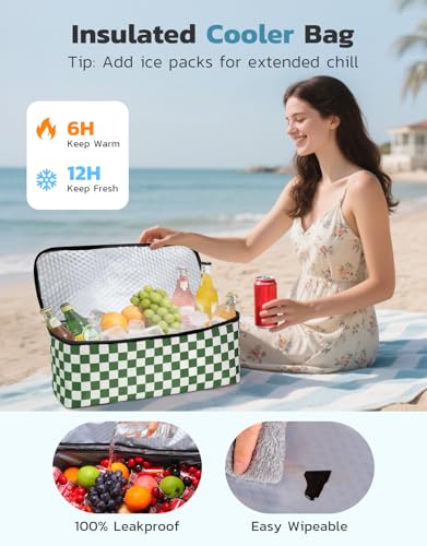 ISEYOU Beach Bag and Cooler Bag Set, 45L Waterproof XXL Foldable Tote with Zipper, 8 Pockets for Pool, Picnic, Travel - color: Green