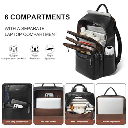 Shrrie Leather Laptop Backpack for Women, 17 inch Large Travel Laptop Backpack Purse for Casual Daypack College Work Bag - color: Black