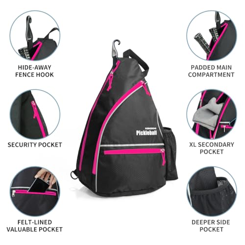 Mangrove Pickleball Bag, Men's & Women's Pickleball Backpack, Adjustable Sling Bag w/Fence Hook/Large Capacity/Safety Pocket - color: Pink
