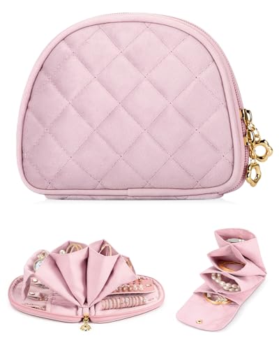 FINTIE Travel Jewelry Case, Small Velvet Jewelry Bag with Zipper, Anti-Scratch & Portable Organizer Pouch for Rings, Earrings, Necklaces, Watches and Bracelets, Gift for Women Girl (Apricot Pink) - color: Apricot Pink