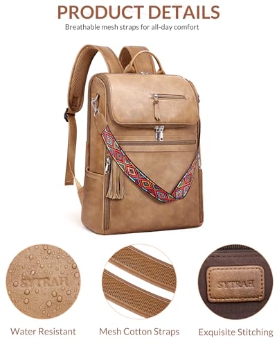 SYTRAH Leather Laptop Backpack for Women Designer Laptop Bag, 16.5 inch Travel Computer Backpacks Purse with Tassel for Work Business with Satchel Purse Camel Brown - color: Camel Brown