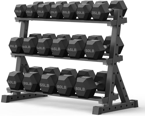 PAPABABE Hex Dumbbell Set with Rack, Rubber Encased Free Weight with Weight Storage Racks, Multiple Weight Options for Home Gym and Fitness - style: 720LB with 3-Tier Weight Rack