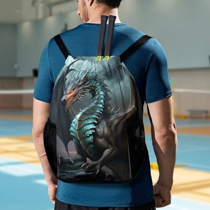 Drawstring Gym Backpack with Shoe Compartment And Wet Pocket, 28L Lightweight Waterproof Cool Dragon Sports Backpack for Workout Swim Beach Travel String Bag for Men Women