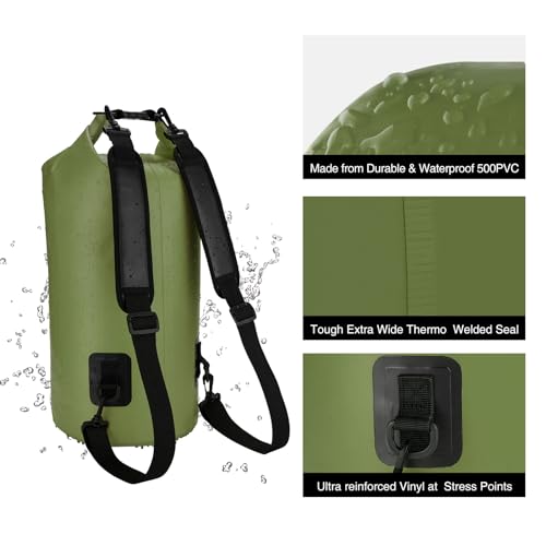 Piscifun Dry Bag, Waterproof Floating Backpack 10L/20L/30L/40L with Waterproof Phone Case for Boating, Kayaking, Fishing - color: Army Green, style: 10l