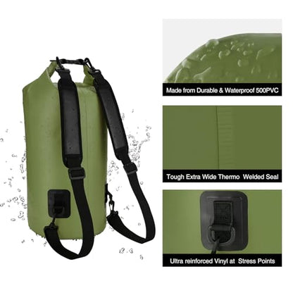 Piscifun Dry Bag, Waterproof Floating Backpack 10L/20L/30L/40L with Waterproof Phone Case for Boating, Kayaking, Fishing - color: Army Green, style: 40l