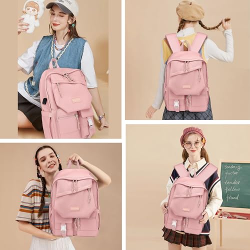 School Backpack College Bookbag for Teen — Student Aesthetic Bagpack for Girls 15.6 Inch Casual Daypack with USB Charger Women Laptop Backpacks Anti Theft Cute Fashion Book Bag Travel Back Pack Pink