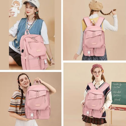 School Backpack College Bookbag for Teen — Student Aesthetic Bagpack for Girls 15.6 Inch Casual Daypack with USB Charger Women Laptop Backpacks Anti Theft Cute Fashion Book Bag Travel Back Pack Pink
