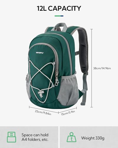 WATERFLY 12L Small Hiking Backpack: Day Pack Lightweight Travel Bag Camping Fitness Cycling Outdoor Sports Daypack For Women Men - color: Dark Green