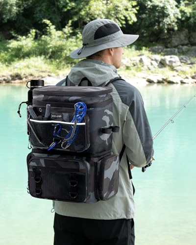 HXLGMD Fishing Backpack with Rod Holders, Double Layer Large Water-resistant Tackle Bag Store Gear with Cooler, Khaki - color: Khaki Camouflage