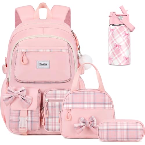 Bevalsa Backpack for Girls, Bow Plaid Bookpack with 14oz Insulated Water Bottle, Lunch Bag & Pen Case, Schoolbag for Kids & BPA-FREE Stainless Steel Metal Cup for Elementary Middle Student (Pink) - color: Pink Plaid
