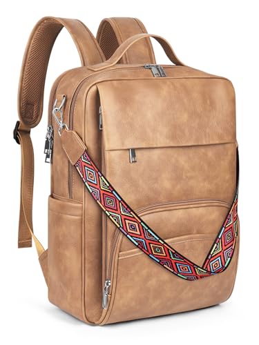 SYTRAH Leather Laptop Backpack for Women, 15.6 inch Computer Daypack Camel | Faux Leather Laptop Backpack: Dedicated 15.6" Laptop Compartment, 9-Pocket Organizer, Breathable Mesh Strap, Work & Travel - color: Camel