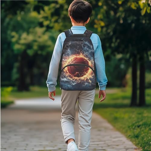 JEOCODY Fire Water Basketball School Bag Boys Backpack with Lunch Bag Water Bottle Pencil Case Pouch Set Large Capacity Girls Bookbag Daypack for Travel Hiking, Set 4 in 1 - color: Fire Water Basketball Patternss