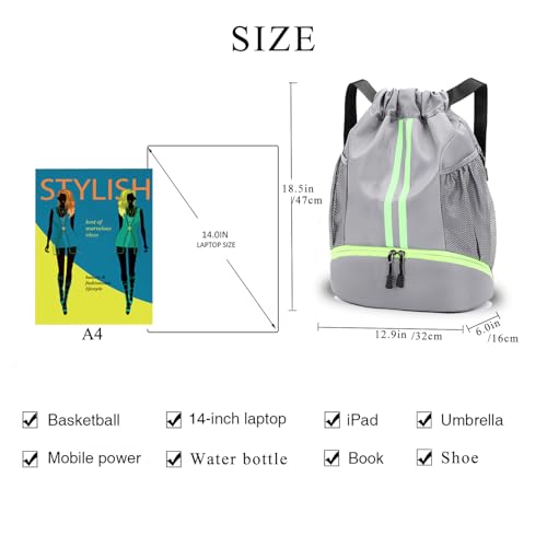 Drawstring Backpack with Shoe Compartment,Water Resistant Sports Gym Bag,String Bag for Men Women,Soccer,Basketball - color: Grey