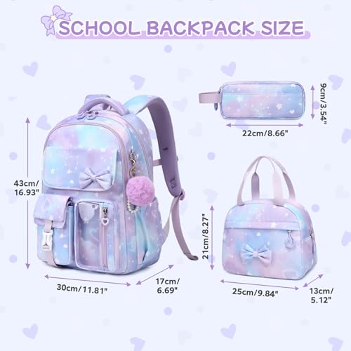 Girls Backpack, School Backpack for Girls, Cute Bow Kids Bookbag for Grils Children Teens for Elementary Middle High School Student, Back To School, Purple Sakura 3pcs - color: Purple Sakura-3pcs