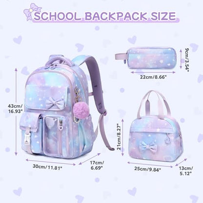 Girls Backpack, School Backpack for Girls, Cute Bow Kids Bookbag for Grils Children Teens for Elementary Middle High School Student, Back To School, Purple Sakura 3pcs - color: Purple Sakura-3pcs