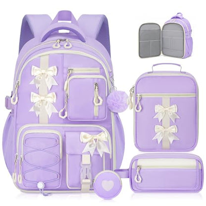 Girls Backpack with Lunch Box Set, 4 PCS Cute Kawaii School Bookbag for Elementary Girls, Purple Aesthetic Large Laptop Backpack for Kids & Teens - color: Purple