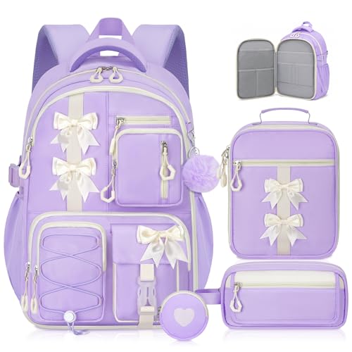 Girls Backpack with Lunch Box Set, 4 PCS Cute Kawaii School Bookbag for Elementary Girls, Purple Aesthetic Large Laptop Backpack for Kids & Teens - color: Purple