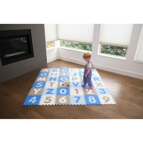 Tadpoles Foam Playmats for Kids, 36 Interlocking Tiles Teach the ABCs and Numbers 0-9, Total Floor Coverage 74” x 74” (36 Sq Ft), For Ages 3 and Up, Colors: Blue/Grey
