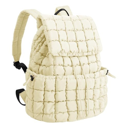 XSUIOY Quilted Backpack Purse for Women Small Lightweight Puffer Puffy College Laptop Backpack Nylon Casual Bookbag Daypack Top Flap Drawstring Padding Hiker Travel Gym Backpack(Beige) - color: Beige