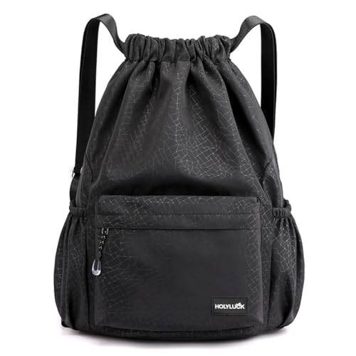 HOLYLUCK Drawstring Backpack Sports Gym Bag Water Resistant String Bag Cinch Sackpack with Side Zipper Pocket for Shopping Sport Yoga -black - color: Black