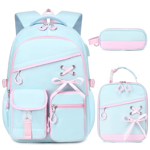DIGOBAY Backpacks for Girls - 3PCS Girls Backpack with Lunch Box & Pencil Pouch School Backpacks for Elementary Middle High College School Bookbag for Teen Girl Kids Students Aquamarine-pink - color: Aquamarine-pink