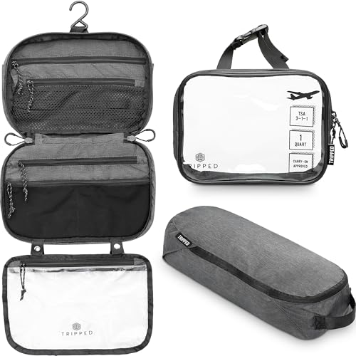 Toiletry Bag Kit 3 Piece Set: Hanging Travel Toiletry Bag + 311 TSA Cosmetic Liquid Bag + Accessory Organizer Pouch - color: Grey