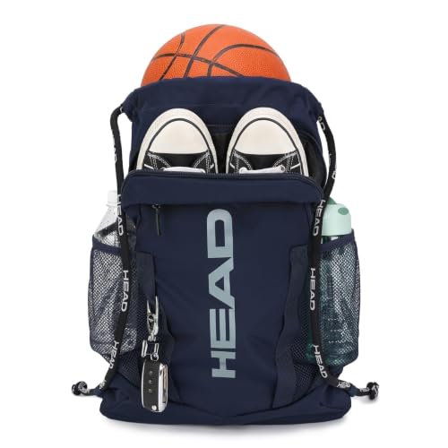 HEAD Men's Drawstring Backpack with Shoe & Phone Pocket,Structured Sports Gym Sack with Bottle Holders for Basketball, Workout, Tennis, Swimming, Travel,Training - color: Navy Blue