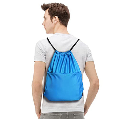 Drawstring Backpack Sports Water Resistant String Bag Sport Gym Sackpack for Women Men Large with Zipper, Neon Blue - color: Neon Blue