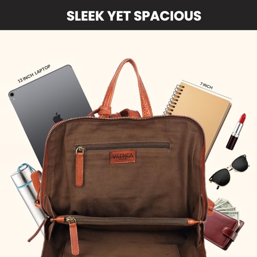 12.5 Inch Genuine Leather Backpack for Women and Men, Cognac Leather Backpack with Adjustable Shoulder Strap - color: Cognac