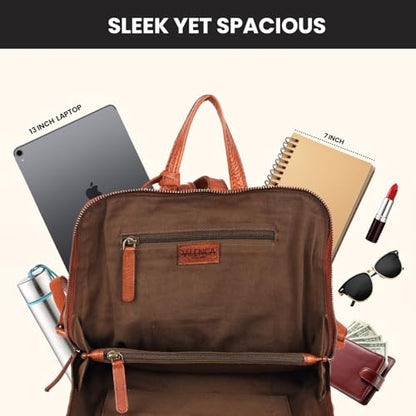 12.5 Inch Genuine Leather Backpack for Women and Men, Cognac Leather Backpack with Adjustable Shoulder Strap - color: Cognac
