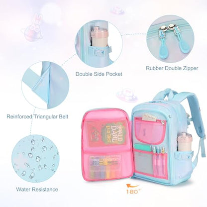 FIXITOK Girls Backpack Set, 3PCS Kids Backpack for Girls, Kawaii Bunny School Backpacks for Girl Kindergarten Elementary Preschool Middle School Bags with Lunch Box Pencil Case Dreamy-Aquamarine - color: Dreamy-aquamarine