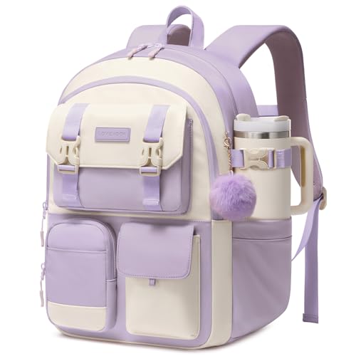 LOVEVOOK School Backpack for Teen Girls,Student Backpack Purse for 8-16 Teenage,Cute Kid Bookbag with Large Cup Holder,Back to School Backpack Fit 15.6 Inch Laptop,College Travel Bag for Daughter Gift - color: Light Purple-white, size: 15.6 inch