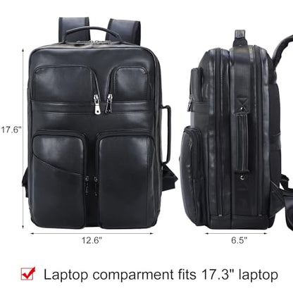 TIDING 17.3" Leather Laptop Backpack for Men Multi Pockets Casual Daypack Business Travel Rucksack, Black - color: Black