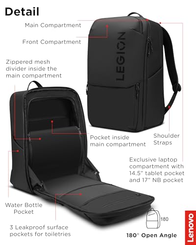 Lenovo Legion Gaming Laptop Backpack GB800, 21L Capacity, Fits 17-inch Laptops, Water Resistant, Three Main Compartments & 19 Specialiized Pockets, Black - style: Gb800 Black