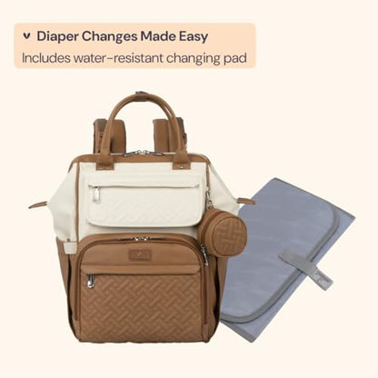 BabbleRoo Leather Diaper Bag Backpack, Multifunction Large Bags with Changing Pad & Stroller Straps & Pacifier Case, Unisex Stylish Travel Back Pack Nappy Changing Bag for Moms Dads (Caramel Cream) - color: Vegan Leather, Caramel Cream