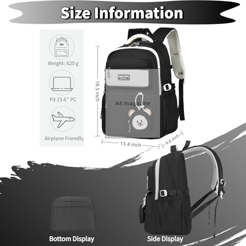 Leaper Preppy Backpack for Teens : 18.5 inch Bookbag Multi-pocket for School Daily -Water Resistant Anti Theft Middle Highschool Student - Aged 10-16 - Gifts for Girls and Kids（Black） - color: Black-9802