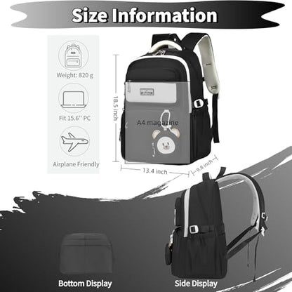 Leaper Preppy Backpack for Teens : 18.5 inch Bookbag Multi-pocket for School Daily -Water Resistant Anti Theft Middle Highschool Student - Aged 10-16 - Gifts for Girls and Kids（Black） - color: Black-9802