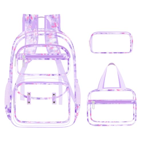 ACESAK Clear Backpack for Girls - 3 Pcs Clear Backpack Heavy Duty with Lunch Bag - See Through Bookbag Stadium Approved for Kids Middle High College School(Purple) - color: Purple