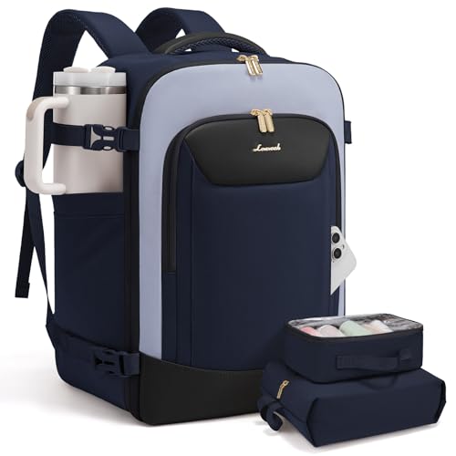 LOVEVOOK 40L Travel Backpack for Women Men, Large Carry on Backpack for Airplanes TSA Personal Item Travel Bag fits 15.6" Laptop, Waterproof Weekender Essentials Airline Approved with 2 Packing Cubes - color: Navy-light Blue-black, size: 40L-3Pcs