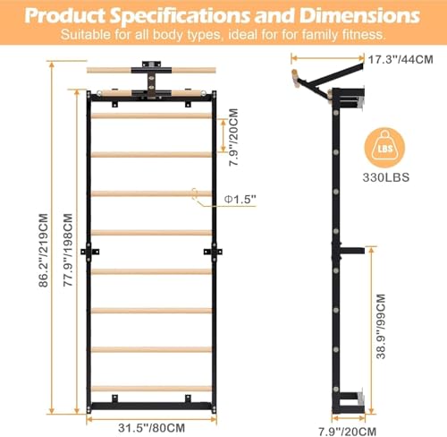 Swedish Ladder, Wood Stall Bars Suspension Trainer with Pull-Up Bar & Rings for Straps, Swedish ladders Wall Gym Adult, Wall-Mounted Workout Ladder