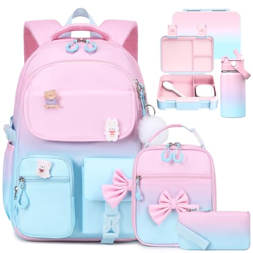 ACESAK 5PCS Backpack for Girls with Bento Box & 14oz Insulated Water Bottle - Cute School Girls Backpacks for Elementary Preschool Middle with Lunch Bag & Pencial Case, Back To School Gift (Pink Blue) - color: Pink-blue