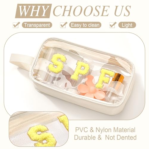 Kacctyen Letter Clear Makeup Bags Spf Pouch Beige Preppy Beach Patch Clear Travel Bag with Zipper Chenille Nylon Cosmetics Waterproof Sandproof Bags Toiletry Storage Snack Sunscreen Pouch for Women - color: White, style: Spf
